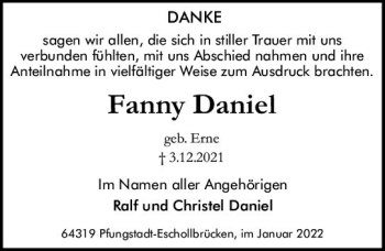 Traueranzeige von Fanny Daniel von vrm-trauer Darmstädter Echo