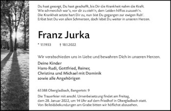 Traueranzeige von Franz Jurka von vrm-trauer WK-UTA