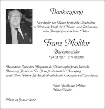 Traueranzeige von Franz Molitor von vrm-trauer AZ Mainz