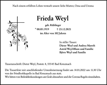 Traueranzeige von Frieda Weyl von vrm-trauer Allg. Zeitung Bad Kreuznach