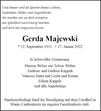 Traueranzeige von Gerda Majewski von vrm-trauer AZ Mainz
