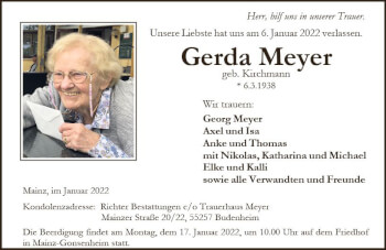 Traueranzeige von Gerda Meyer von vrm-trauer AZ Mainz