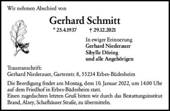 Traueranzeige von Gerhard Schmitt von vrm-trauer Allgemeine Zeitung Alzey