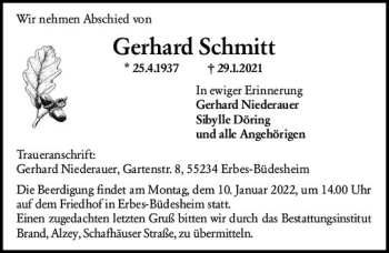 Traueranzeige von Gerhard Schmitt von vrm-trauer Allgemeine Zeitung Alzey