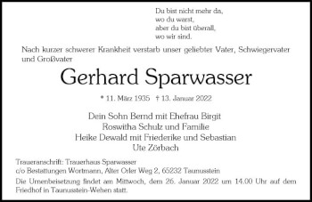 Traueranzeige von Gerhard Sparwasser von vrm-trauer Wiesbadener Kurier