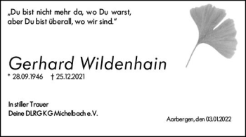 Traueranzeige von Gerhard Wildenhain von vrm-trauer Wiesbadener Kurier
