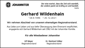 Traueranzeige von Gerhard Wildenhain von vrm-trauer Wiesbadener Kurier