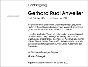 Traueranzeige von Gerhard Rudi Anweiler von vrm-trauer Allgemeine  Zeitung Ingelheim-Bingen