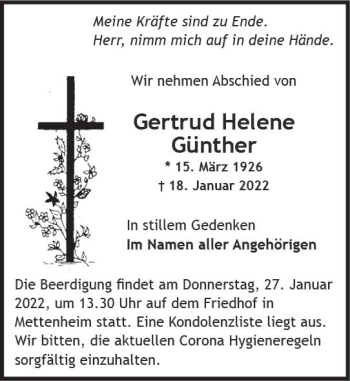 Traueranzeige von Gertrud Helene Günther von vrm-trauer Wormser Zeitung