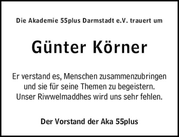 Traueranzeige von Günter Körner von vrm-trauer Darmstädter Echo