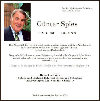 Traueranzeige von Günter Spies von vrm-trauer Allg. Zeitung Bad Kreuznach