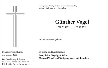 Traueranzeige von Günther Vogel von vrm-trauer AZ Mainz