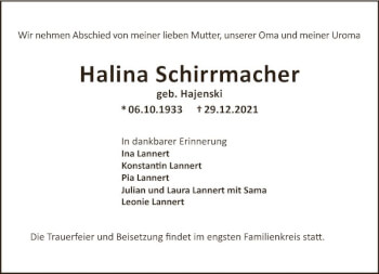 Traueranzeige von Hanna Schirrmacher von vrm-trauer Wiesbadener Kurier