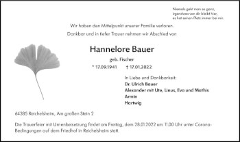 Traueranzeige von Hannelore Bauer von vrm-trauer Odenwälder Echo