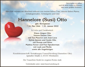 Traueranzeige von Hannelore Otto von vrm-trauer Wiesbadener Kurier