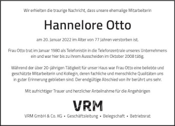 Traueranzeige von Hannelore Otto von vrm-trauer Wiesbadener Kurier