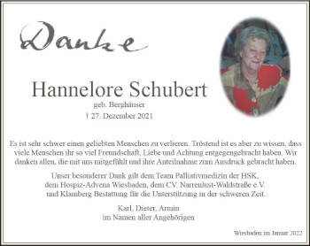 Traueranzeige von Hannelore Schubert von vrm-trauer Wiesbadener Kurier