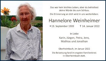 Traueranzeige von Hannelore Weinheimer von vrm-trauer Allgemeine  Zeitung Ingelheim-Bingen
