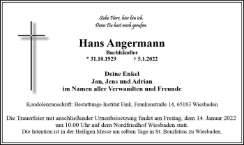 Traueranzeige von Hans Angermann von vrm-trauer Wiesbadener Kurier