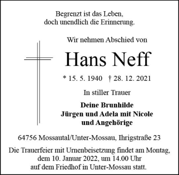 Traueranzeige von Hans Neff von vrm-trauer Odenwälder Echo