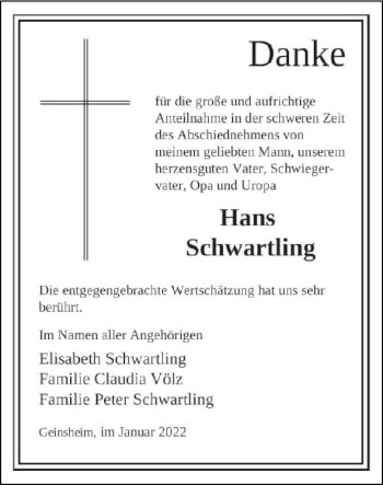 Traueranzeige von Hans Schwartling von vrm-trauer Groß-Gerauer Echo