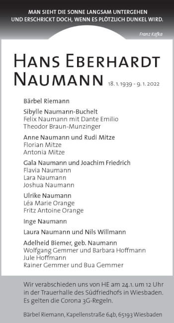 Traueranzeige von Hans Eberhardt Naumann von vrm-trauer Wiesbadener Kurier