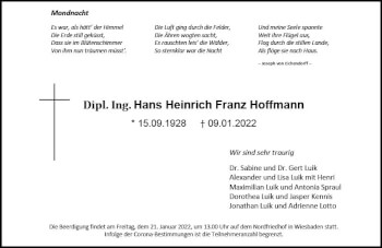 Traueranzeige von Hans Heinrich Franz Hoffmann von vrm-trauer Wiesbadener Kurier