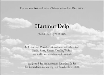 Traueranzeige von Hartmut Delp von vrm-trauer Rüsselsheimer Echo / MainSpitze