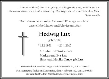 Traueranzeige von Hedwig Lux von vrm-trauer Wiesbadener Kurier