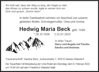 Traueranzeige von Hedwig Maria Beck von vrm-trauer Idsteiner Zeitung