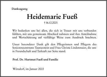 Traueranzeige von Heidemarie Fueß von vrm-trauer Idsteiner Zeitung