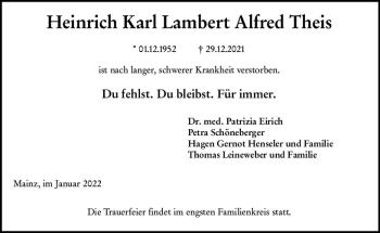 Traueranzeige von Heinrich Karl Lambert Alfred Theis von vrm-trauer AZ Mainz