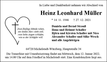 Traueranzeige von Heinz Leonhard Müller von vrm-trauer Odenwälder Echo