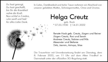Traueranzeige von Helga Creutz von vrm-trauer Darmstädter Echo