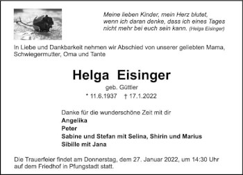 Traueranzeige von Helga Eisinger von vrm-trauer Darmstädter Echo