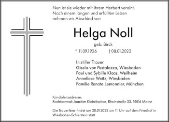 Traueranzeige von Helga Noll von vrm-trauer Wiesbadener Kurier