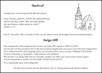 Traueranzeige von Helga Olff von vrm-trauer Idsteiner Zeitung