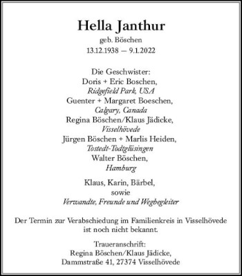 Traueranzeige von Hella Janthur von vrm-trauer Wiesbadener Kurier