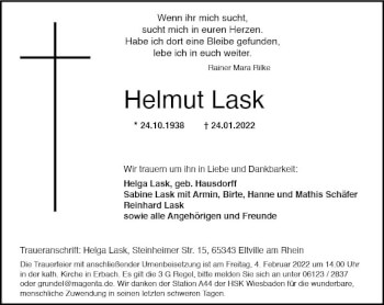 Traueranzeige von Helmut Lask von vrm-trauer Wiesbadener Kurier
