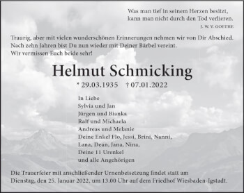 Traueranzeige von Helmut Schmicking von vrm-trauer Wiesbadener Kurier