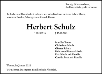 Traueranzeige von Herbert Schulz von vrm-trauer Wormser Zeitung