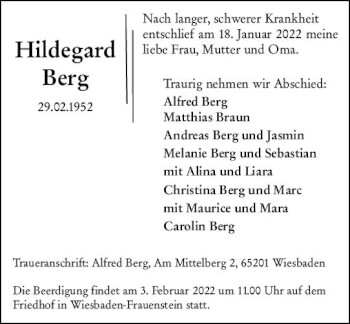 Traueranzeige von Hildegard Berg von vrm-trauer Wiesbadener Kurier