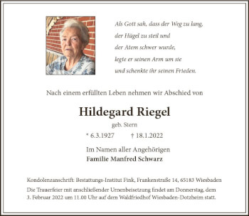 Traueranzeige von Hildegard Riegel von vrm-trauer Wiesbadener Kurier