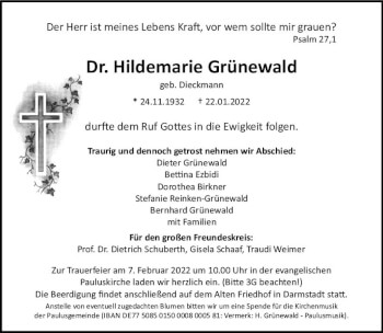 Traueranzeige von Hildemarie Grünewald von vrm-trauer Darmstädter Echo