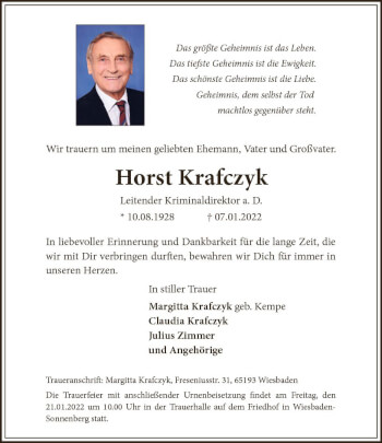 Traueranzeige von Horst Krafczyk von vrm-trauer Wiesbadener Kurier