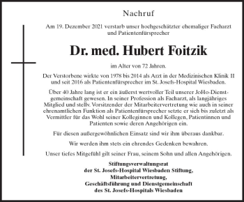 Traueranzeige von Hubert Foitzik von vrm-trauer Wiesbadener Kurier