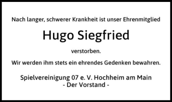 Traueranzeige von Hugo Siegfried von vrm-trauer Hochheimer Zeitung