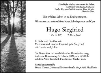 Traueranzeige von Hugo Siegfried von vrm-trauer Hochheimer Zeitung