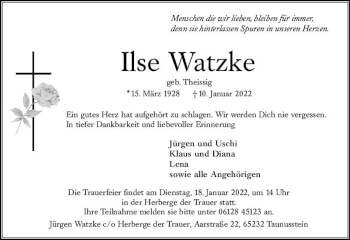 Traueranzeige von Ilse Watzke von vrm-trauer Wiesbadener Kurier