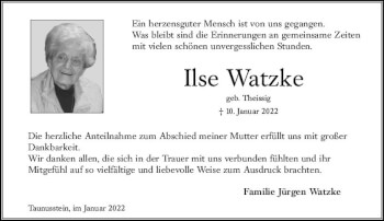 Traueranzeige von Ilse Watzke von vrm-trauer Wiesbadener Kurier